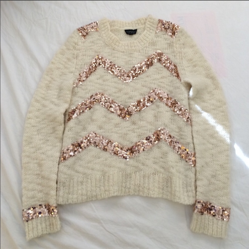 Topshop Sequined Knit Sweater Ivory Cream Gold 8 Medium
